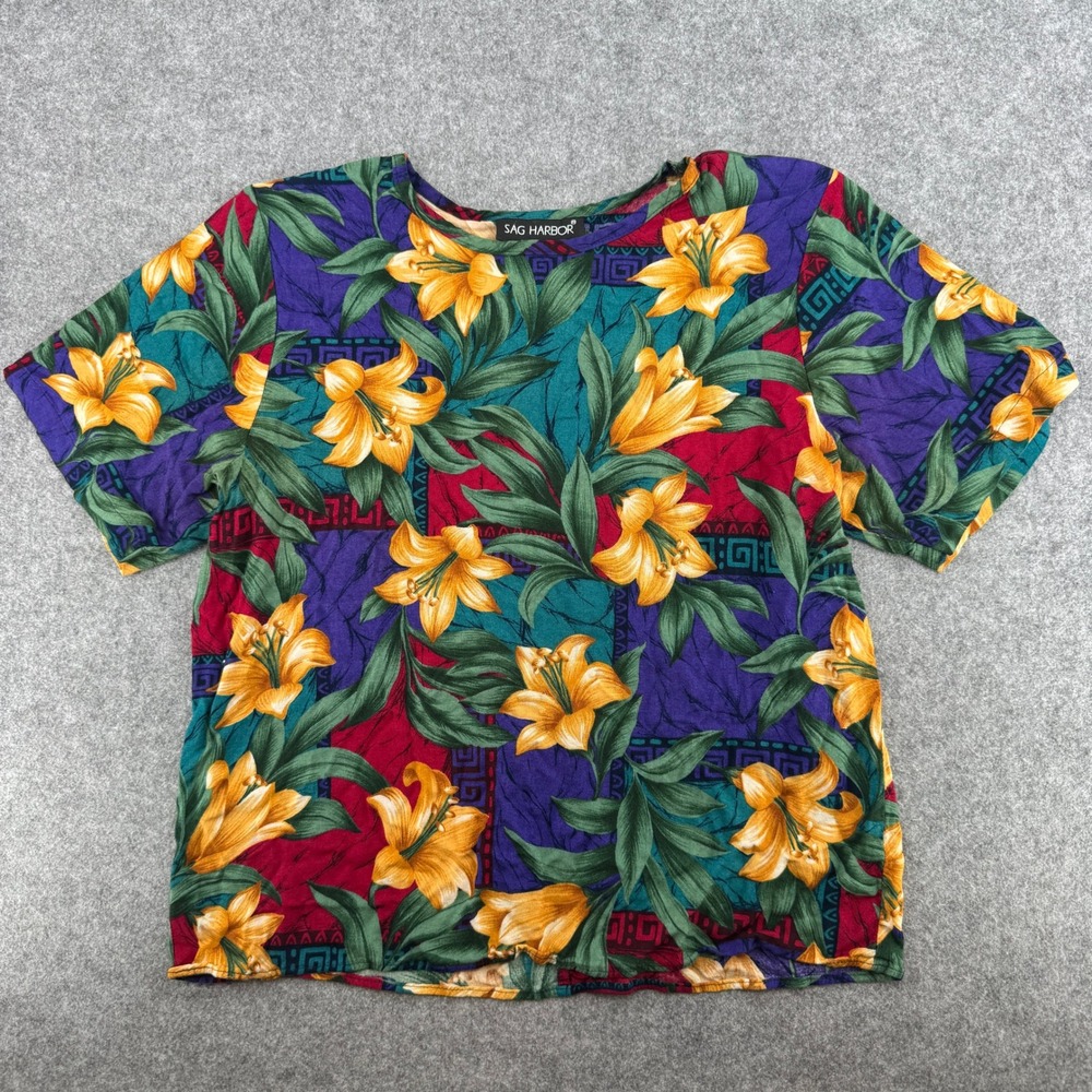 Vintage Floral Tropical Lily Purple Green Sag Harbor Blouse Womens L